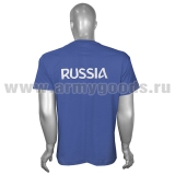 Футболка с вышивкой на груди и на спине Russia (медведь, триколор) белые буквы (синяя)