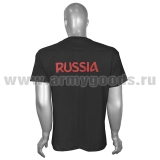 Футболка с вышивкой на груди и на спине Russia (медведь, триколор) красные буквы (черная)