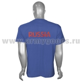 Футболка с вышивкой на груди и на спине Russia (медведь, триколор) красные буквы (синяя)