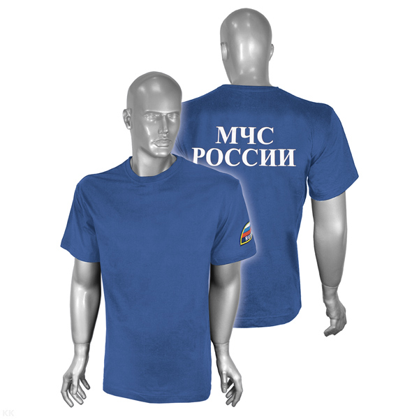Футболка с надп. краской МЧС России синяя светлая АКЦИЯ (2 шеврона) р-ры с 32 по 60