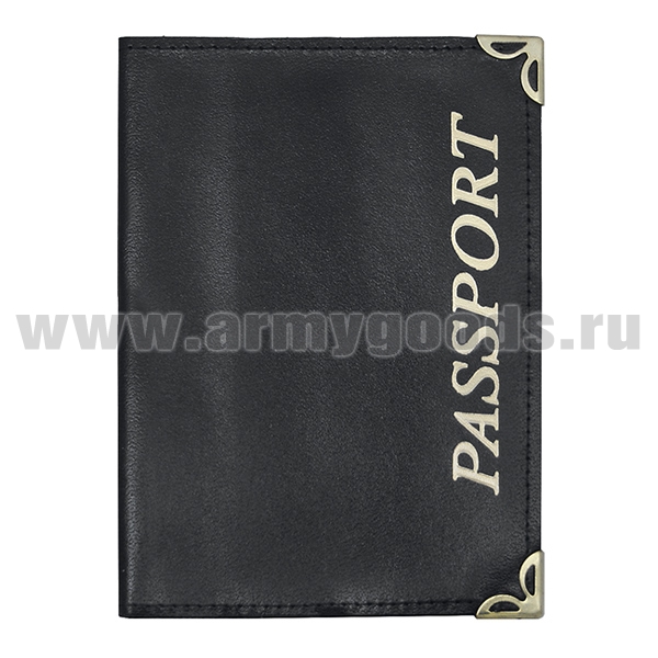 Обложка кожа Passport (черная горизонтальная) с мет. уголками и прорезями для кредитных карт