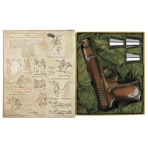 Фляга фарфоровая в виде пистолета + 3 мет. рюмки в книжке-обманке