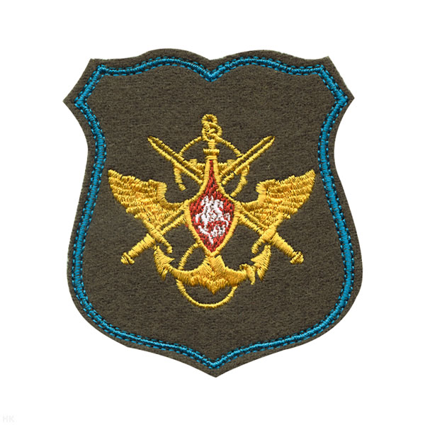 Шеврон вышит. Знак принадлежности к МО (оливковый с голубым кантом) щит